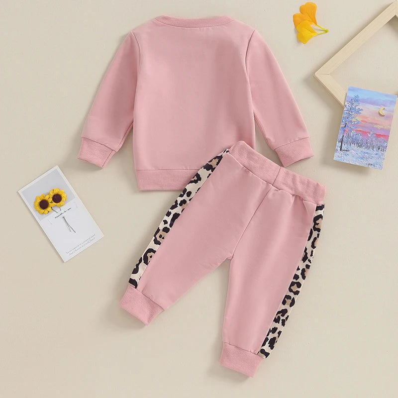 2 Pcs Toddler Baby Girl Spring Fall Clothes Letter/ Leopard Print Long Sleeve Pullover Tops Pocket Pants Casual Outfit