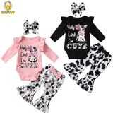 3Pcs Newborn Infant Baby Girls Clothes Set Cute Printed Long Sleeve Bodysuit Top and Flared Pants Headband Spring Autumn Outfits