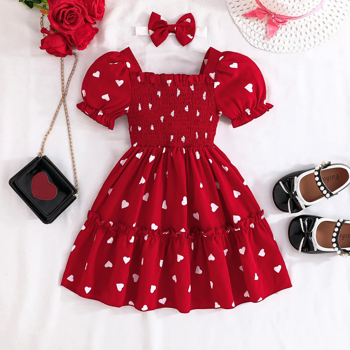 Ceeniu 2pcs Party Dresses For Girls Spaghetti Strap Pocket Heart Red Dress+Heart Bag Kids Birthday Dress Children's Clothing