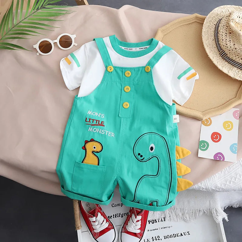 New Toddler Summer Baby Boys/Girls Clothes Children Cartoon Dinosaur T-Shirt Bib Pants 2Pcs/Set Infant Kids Fashion Tracksuits