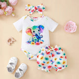 3PCS Newborn Baby Girl Clothing Set Short Sleeved Elephant Bodysuit+Flower Shorts Summer Casual Outfits for 0-24 Months Toddler