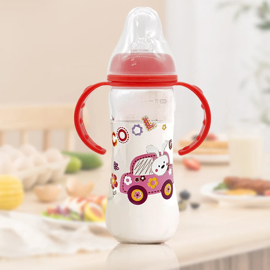 Lightweight and drop-resistant 250ml baby bottle with cartoon handle and breastmilk silicone nipple, PP bottle for 0-36 babies