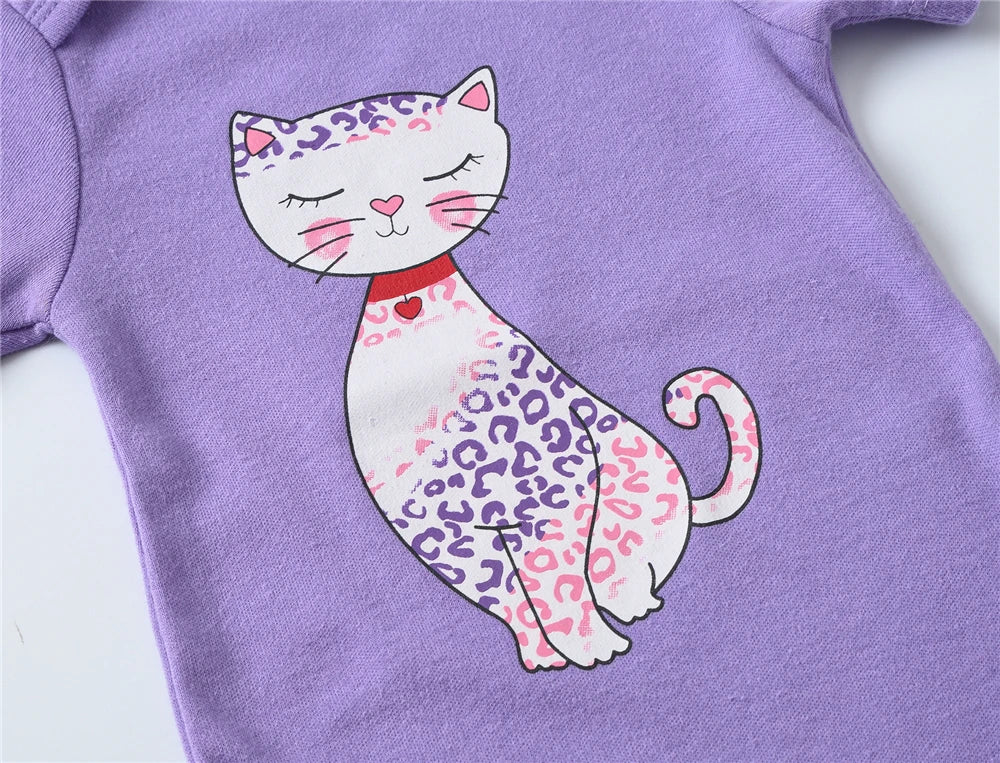 Kavkas Summer Baby Girls Clothes Lovely Cat Print 100% Cotton Short Sleeve Bodysuit O-neck 0-12 Months Newborn Clothing