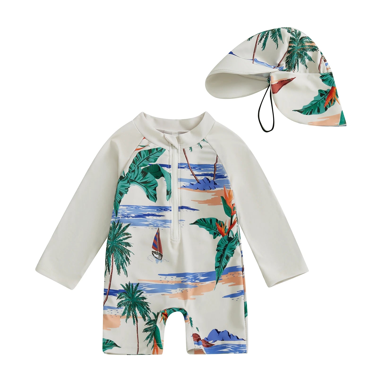 0-5Years Kids Boy Rash Guard Swimsuits Shark Print Long Sleeve Half Zip-up Bathing Suit with Sun Hat 2 Pcs Swimwear for Toddler