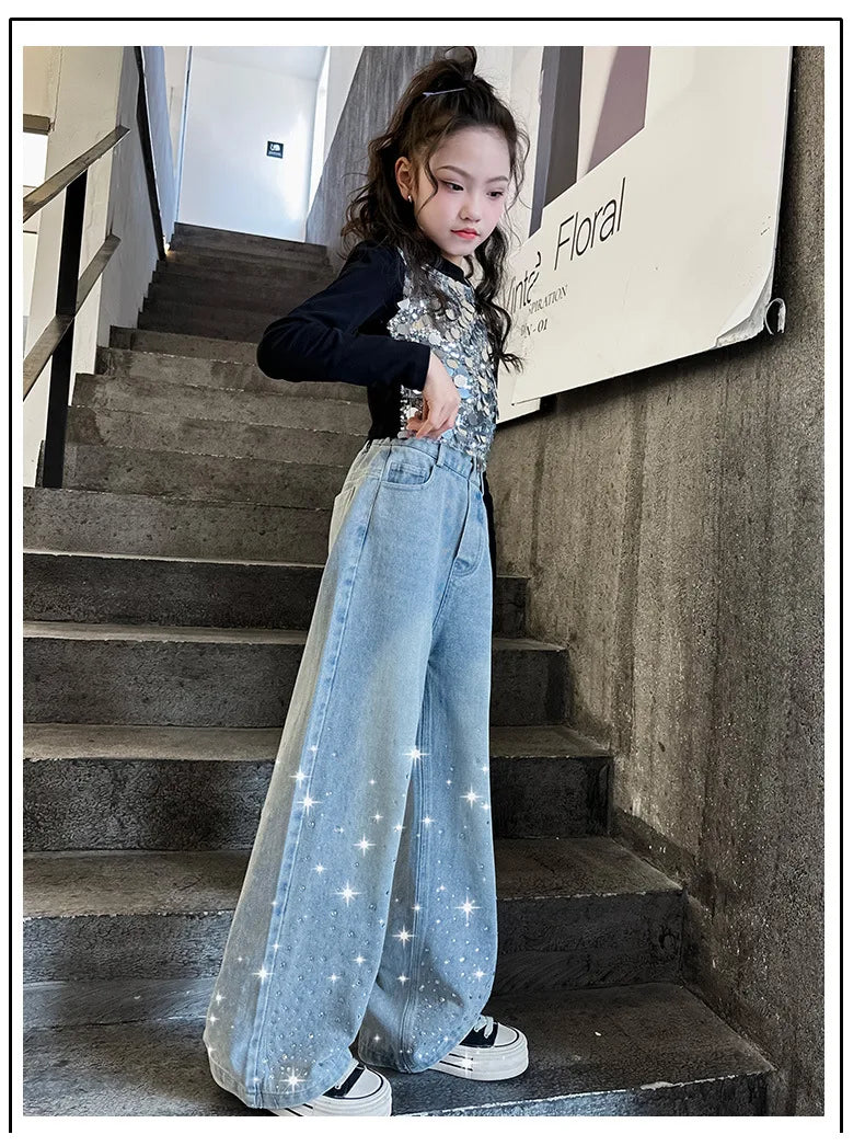 2024 New Kids Girls Wide-Leg Jeans Fashion Rhinestone Sequin Elastic Waistband Pants Denim Trousers Casual Children Bottoms