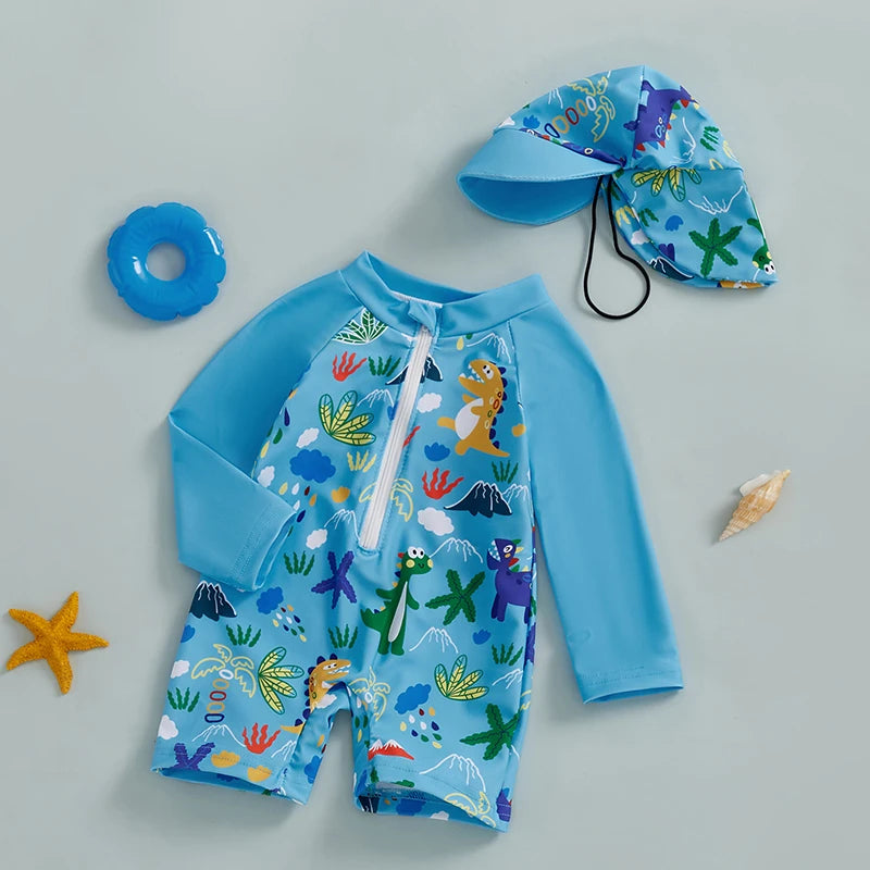 0-5Years Kids Boy Rash Guard Swimsuits Shark Print Long Sleeve Half Zip-up Bathing Suit with Sun Hat 2 Pcs Swimwear for Toddler