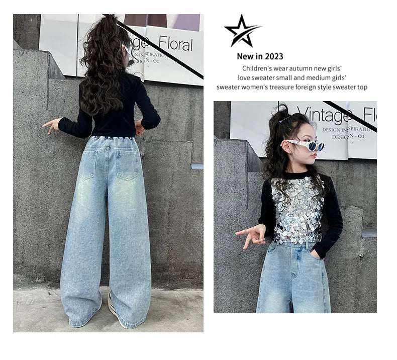 2024 New Kids Girls Wide-Leg Jeans Fashion Rhinestone Sequin Elastic Waistband Pants Denim Trousers Casual Children Bottoms