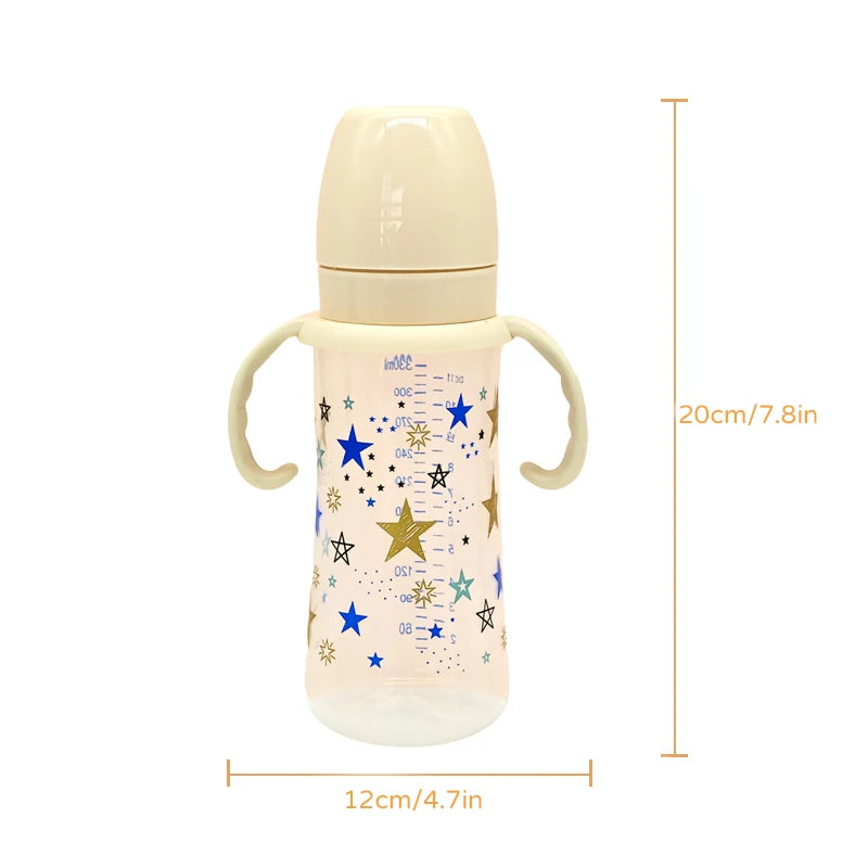 330ml star pattern baby bottle, bite-resistant, anti-flatulence PP bottle, large-capacity bottle for babies over 6 months old