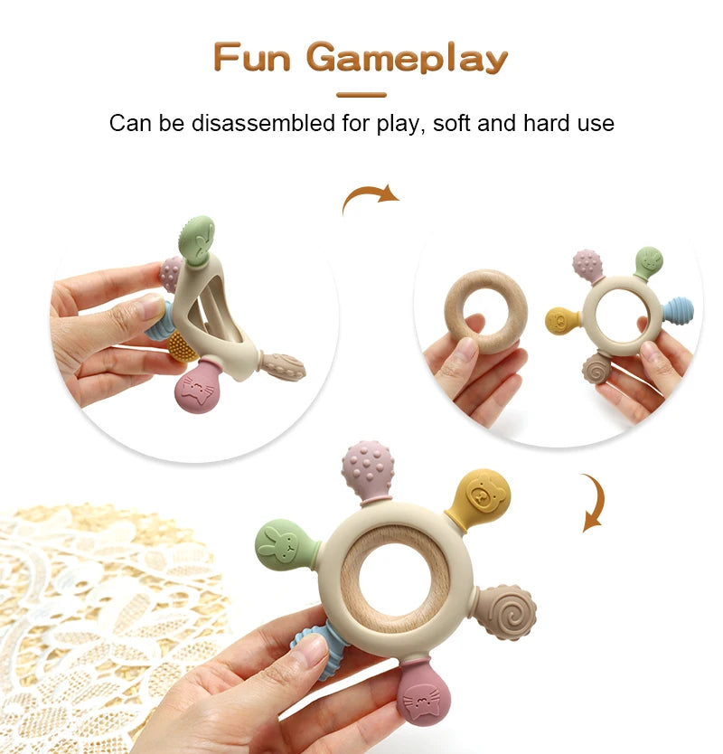 Color Kids Silicone Baby Toys Rudder Shape Wooden Ring Teether Toys Infant Chewing Nursing Toy Newborn Molar Baby Accessories