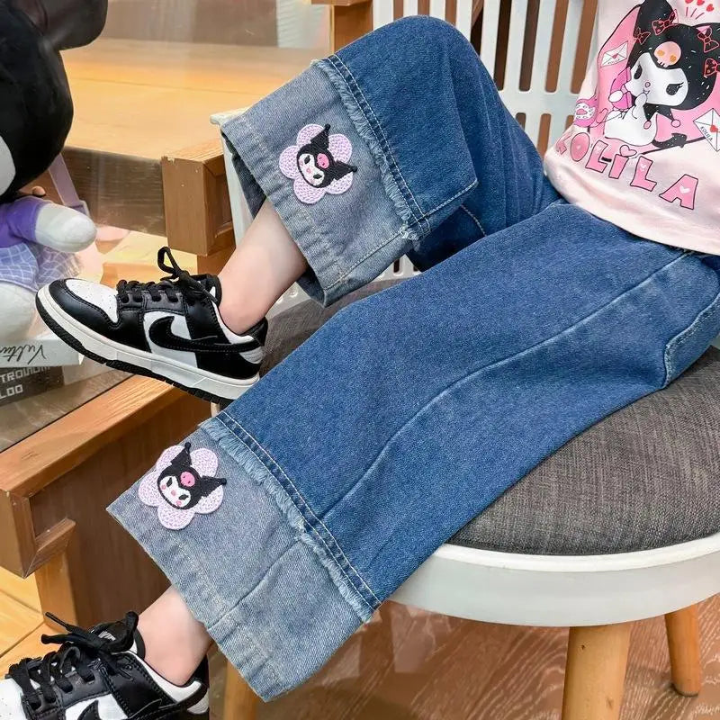 Cartoon Kuromi Girls Wide Leg Jeans Spring  Autumn Cute Elastic waist Versatile Straight Tube kids Childrens Wear Spring Pants