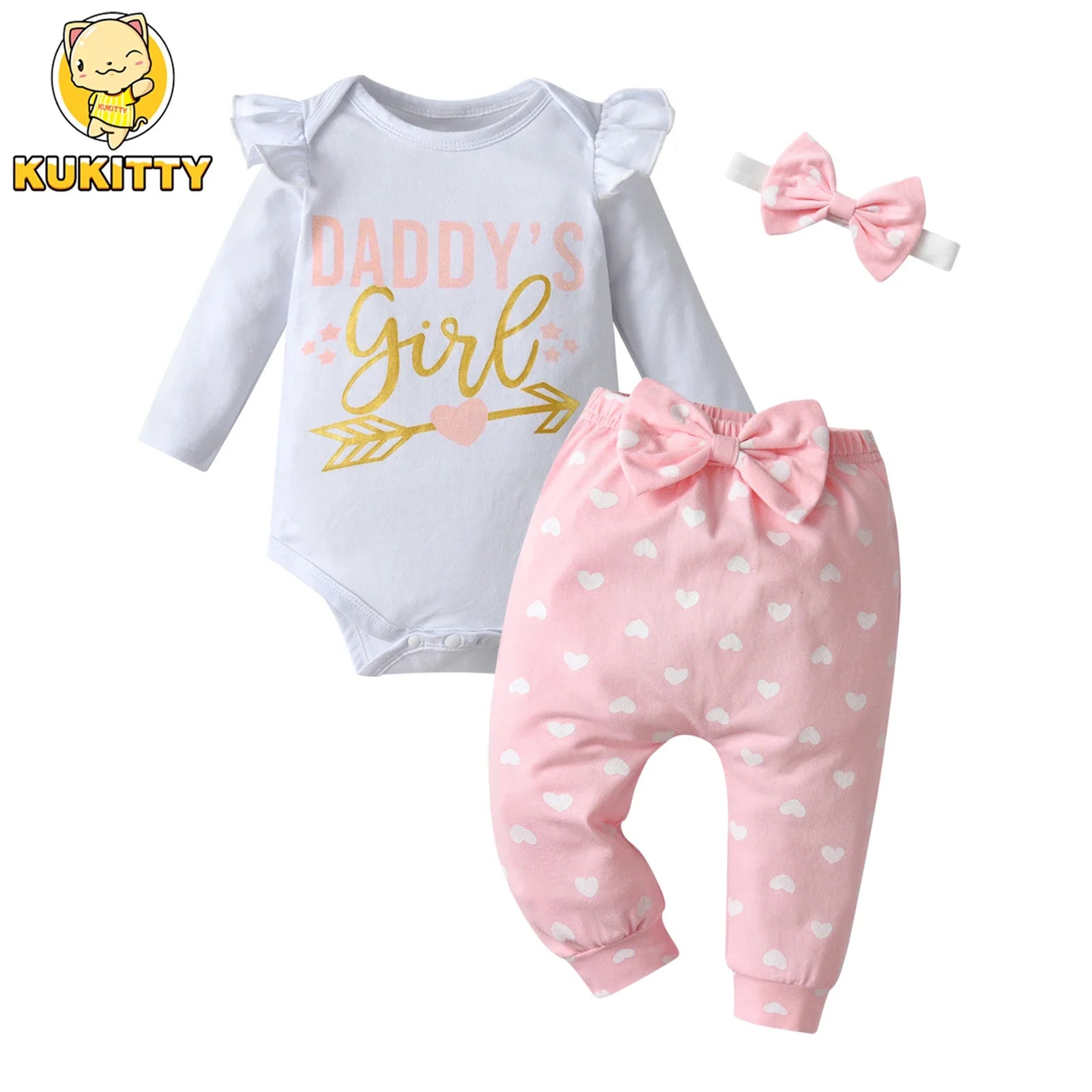 Newborn infant Baby Girls Fashion Clothes Set Letters Printed Cotton Long Sleeve Bodysuit Top + Hearts Pattern Pants + Headband