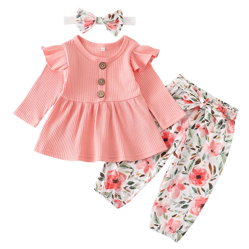 3Pcs Autumn Baby Girl Clothes Sets Infant Newborn Long Sleeve Tops Floral Print Pants Headband Solid Clothing Outfit 0 3-24M