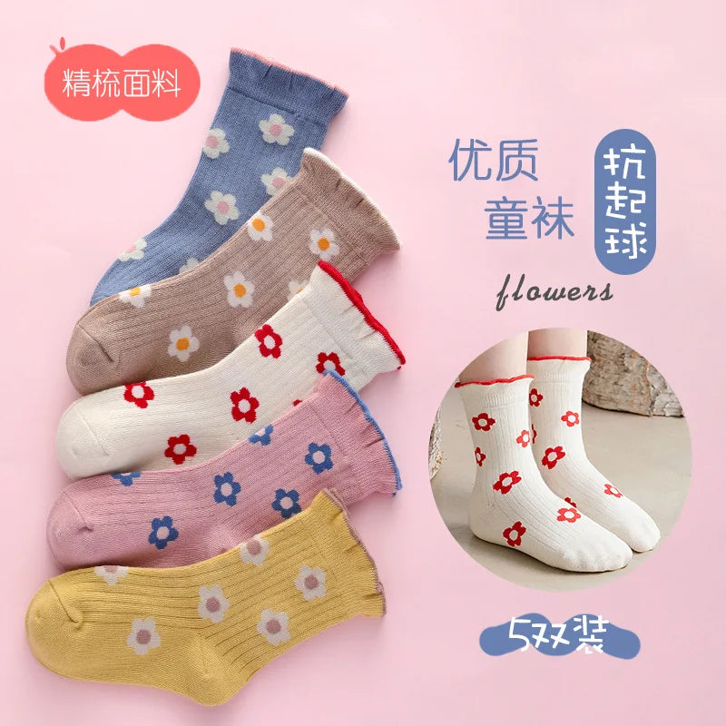 5 Pairs/Lot Kids Soft Cotton Socks Korean Love Heart Flower Print Baby Girl Socks Autumn Winter Warm Children Middle Tube Socks