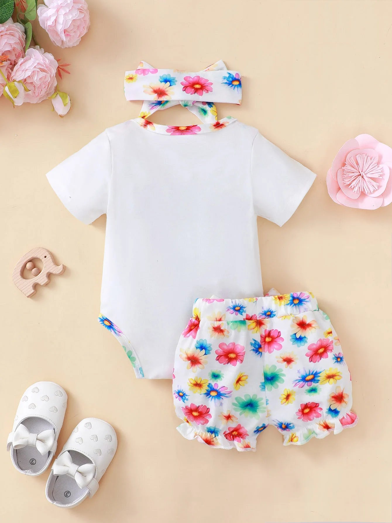 3PCS Newborn Baby Girl Clothing Set Short Sleeved Elephant Bodysuit+Flower Shorts Summer Casual Outfits for 0-24 Months Toddler