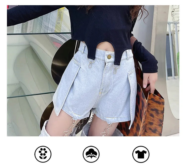 Fashionable Children's Jeans Teens Girls Pants Hip Hop Hooks Split Jeans Shorts Spring Summer Kids Trousers Trend Wide-Leg Jeans