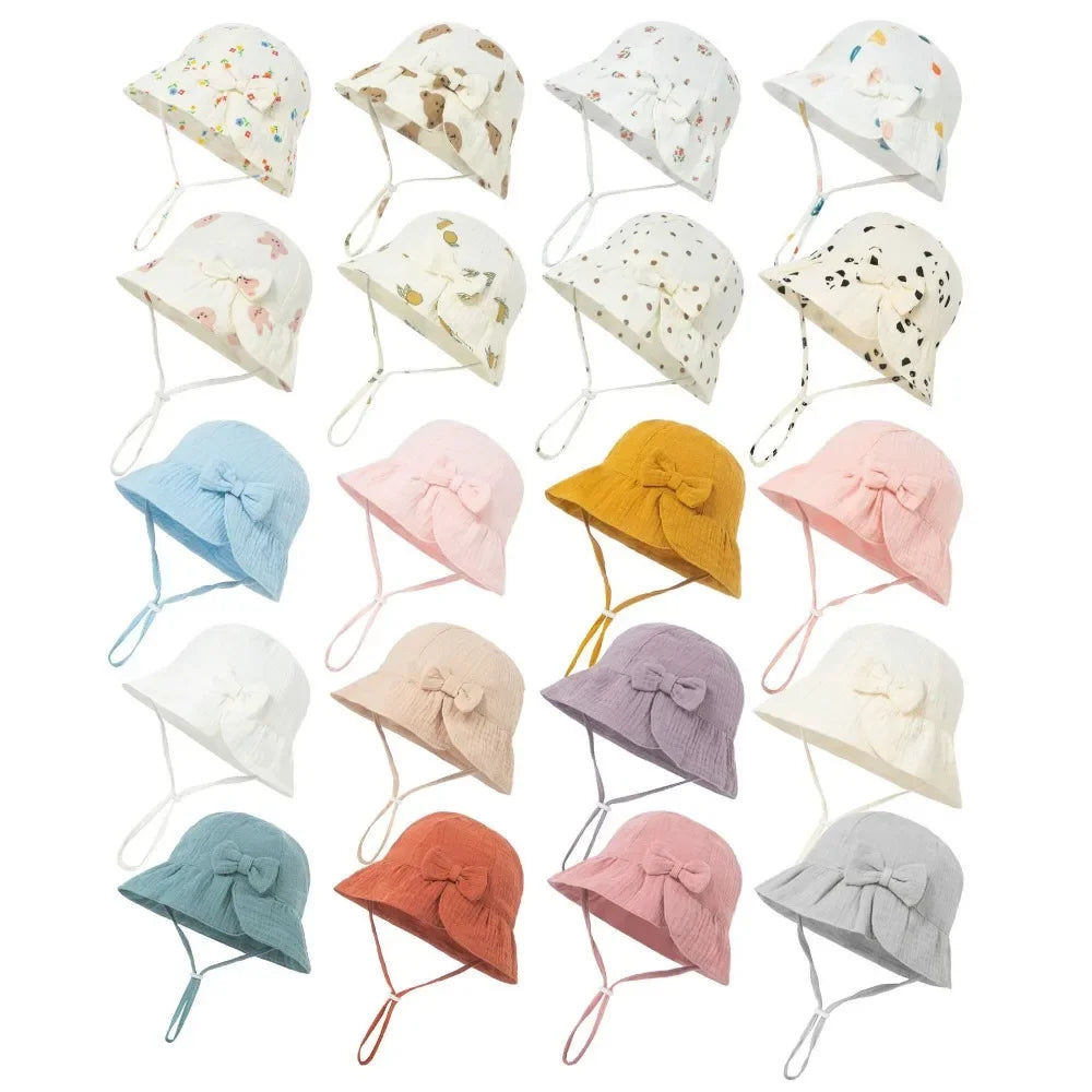 New Baby Cotton Bowknot Bucket Hat Children Sunscreen Outdoor Caps Boy Girl Print Panama Hat Unisex Beach Fishing Hat For 3-12M