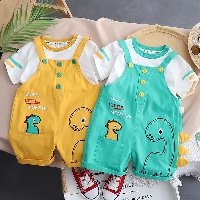 New Toddler Summer Baby Boys/Girls Clothes Children Cartoon Dinosaur T-Shirt Bib Pants 2Pcs/Set Infant Kids Fashion Tracksuits