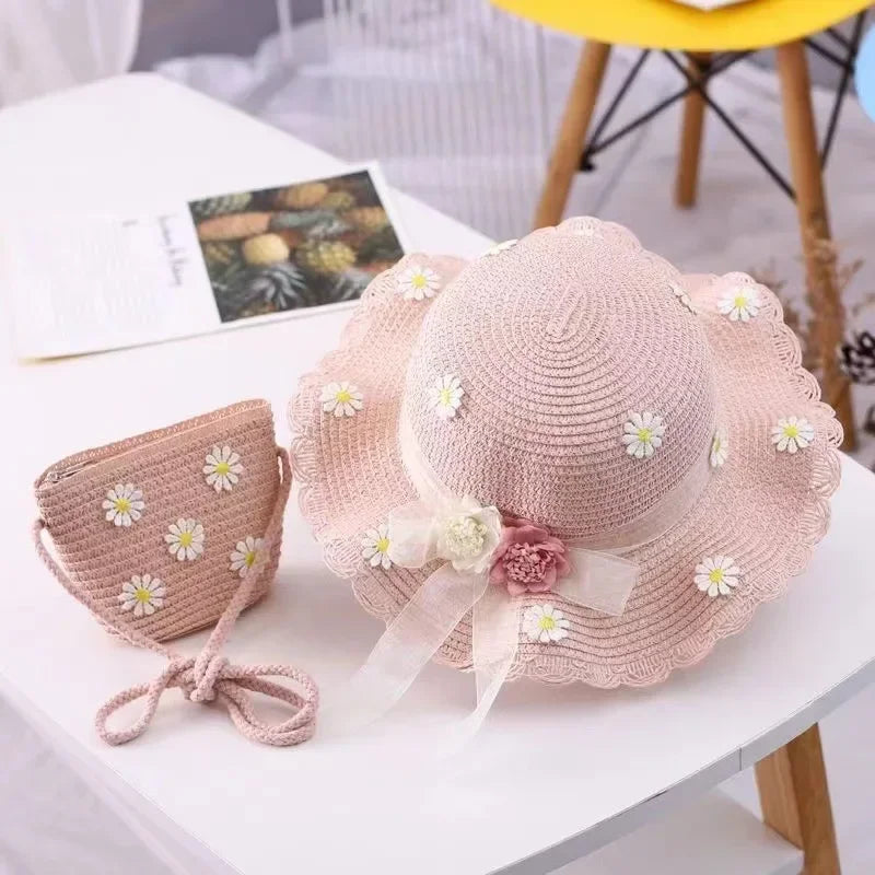 Kids Hat For Girls 2-7Y Straw Children's Sunshade Cap Bag Summer Baby Travel Sunscreen Beach Hat Sun Fisherman Cap Fashion Style