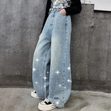 2024 New Kids Girls Wide-Leg Jeans Fashion Rhinestone Sequin Elastic Waistband Pants Denim Trousers Casual Children Bottoms