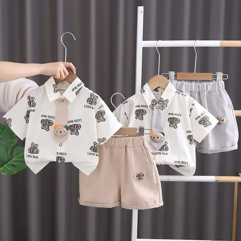 Children Clothes Spring Cartoon Kids Boy Short Sleeve Full Printe Bear Shirts Pants 2Pcs/Set Tie Kid Fashion Toddler Tracksuits