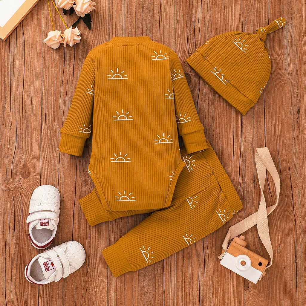 3PCS Baby Boy Clothes Set Spring Autumn Knitted V-neck Romper+infant Pants+Cap Newborn Outfit