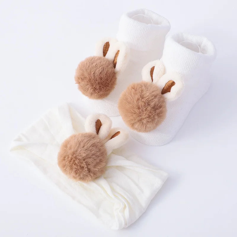 2Pcs Set Baby Socks Headband Cute Plush Ball Newborn Short Socks Cute Kids Baby Girl Hairbands Socks Photo Props