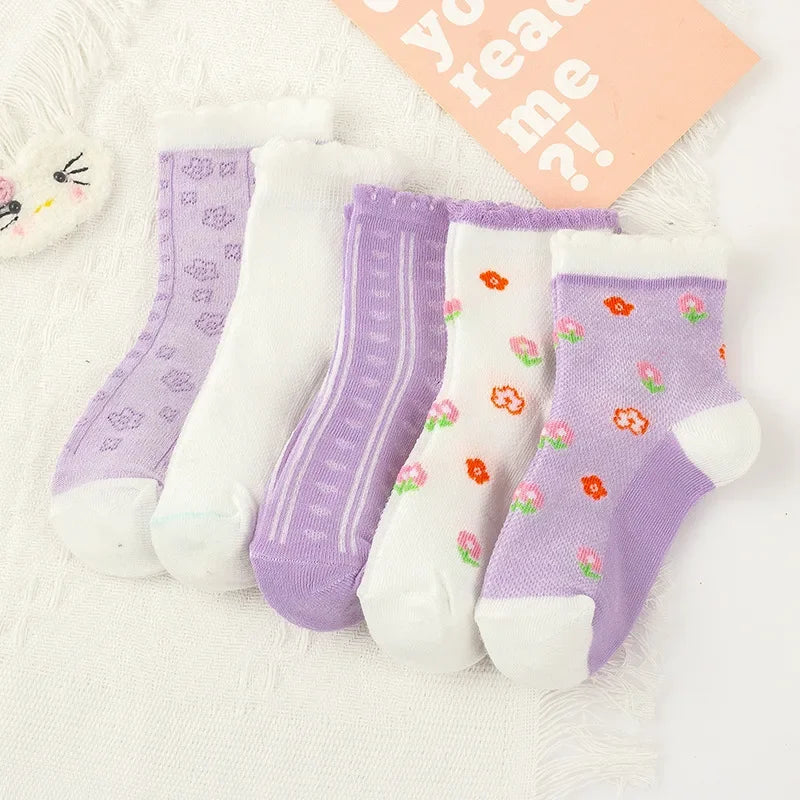 5 Pairs/Lot Kids Soft Cotton Socks Korean Love Heart Flower Print Baby Girl Socks Autumn Winter Warm Children Middle Tube Socks