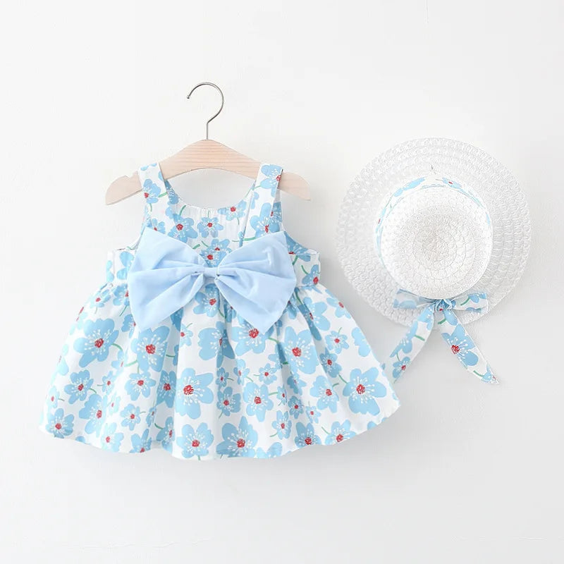 New Summer Girl Dress Sweet Sleeveless Small Flower Print Big Bow Cotton Cloth Dress Set of 2 Suitable for 0-3 Years Old