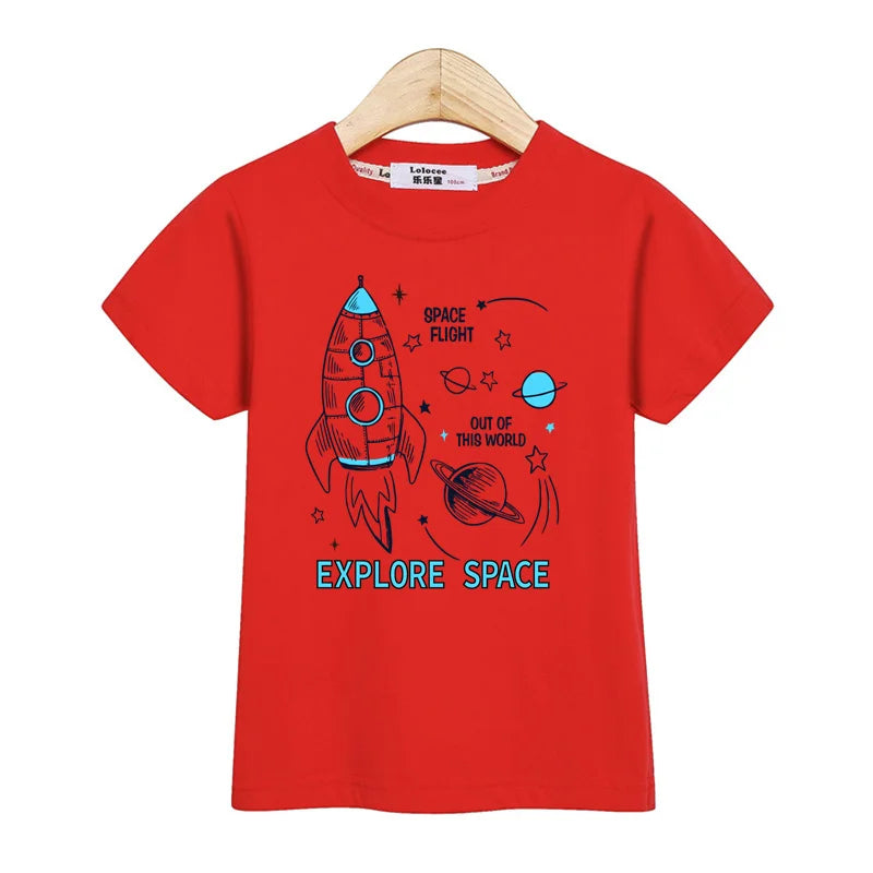 2024 New Spaceship T-shirt Baby Boys Short Sleeved Tops Children Summer Cartoon Shirt 3-14T