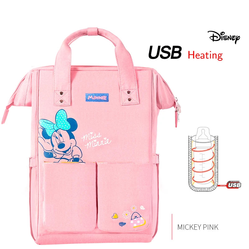 Disney Baby Diaper Backpack USB Bottle Insulation Heating Mummy Nappy Changing Bags For Baby Care Mom Stroller Oxford Handbags