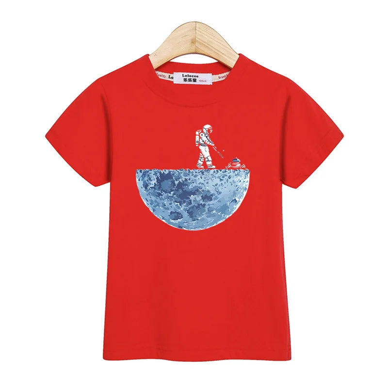 Astronaut New Cartoon T-shirt Boys Summer Shirt Children Short Sleeved Tops Spaceman Clothes 3-14T