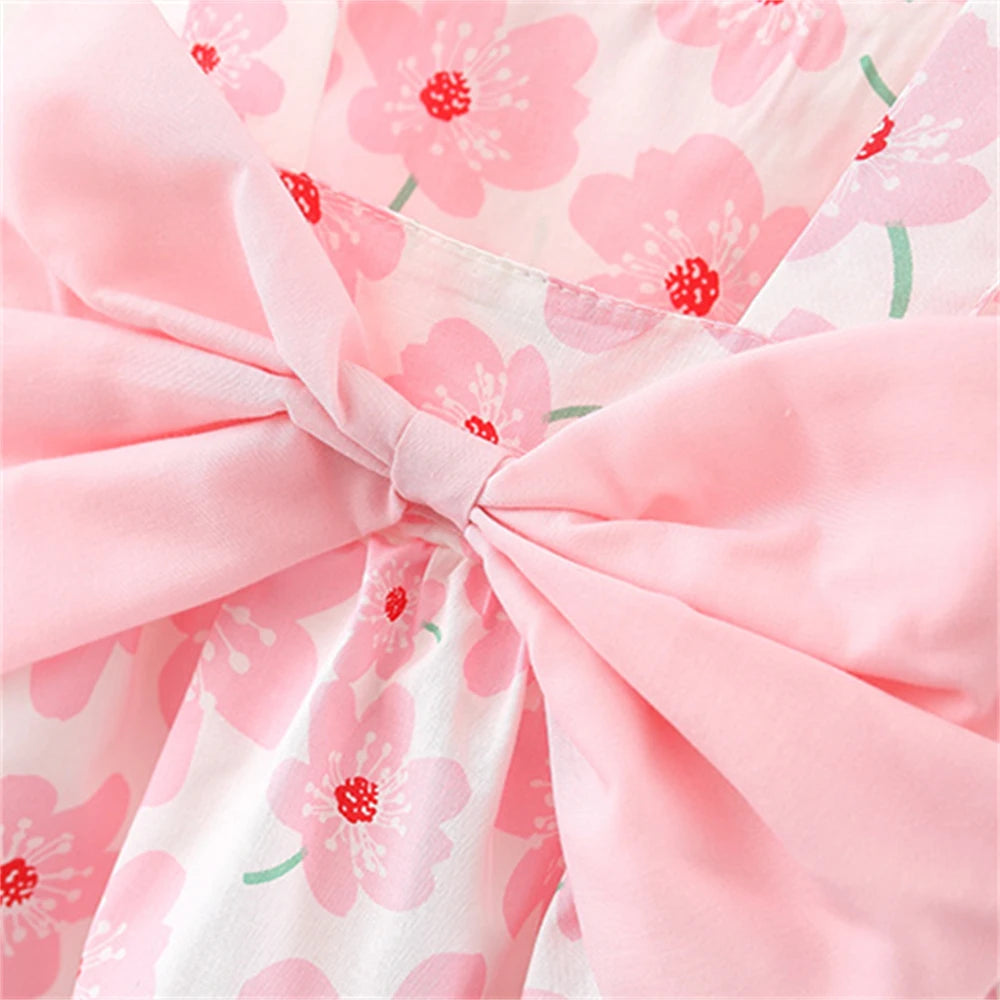 New Summer Girl Dress Sweet Sleeveless Small Flower Print Big Bow Cotton Cloth Dress Set of 2 Suitable for 0-3 Years Old