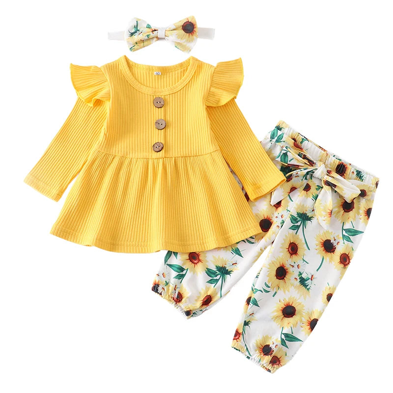 3Pcs Autumn Baby Girl Clothes Sets Infant Newborn Long Sleeve Tops Floral Print Pants Headband Solid Clothing Outfit 0 3-24M