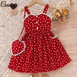 Ceeniu 2pcs Party Dresses For Girls Spaghetti Strap Pocket Heart Red Dress+Heart Bag Kids Birthday Dress Children's Clothing