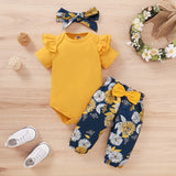 Newborn Baby Girls Clothing Set Infants Girl Short Sleeve Bodysuit+Floral Pants with Bow+Headband 3PCS Outfits for 0-18 Months