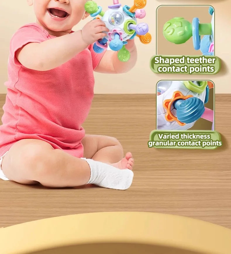 Baby Manhattan Grasping Ball - 3-in-1 Teether, Rattle, and Soft Rubber Grasping Toy for Early Education and Teething Relief