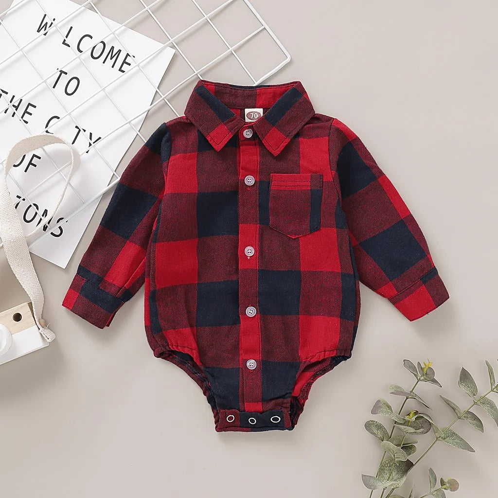 0-18 Months Newborn Baby Boy Bodysuit Plaid Long Sleeved Lapel Shirt Romper Gentleman Jumpsuit Fashion Wear for Toddler Boy