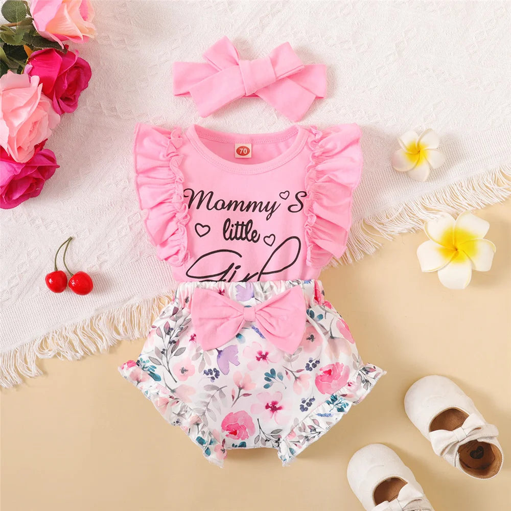 0-18Months Newborn Baby Girl Clothes Mommy's Girl Print Sleeveless Romper Top+Flowers Shorts+Headband Summer Lovely 3PCS Outfit