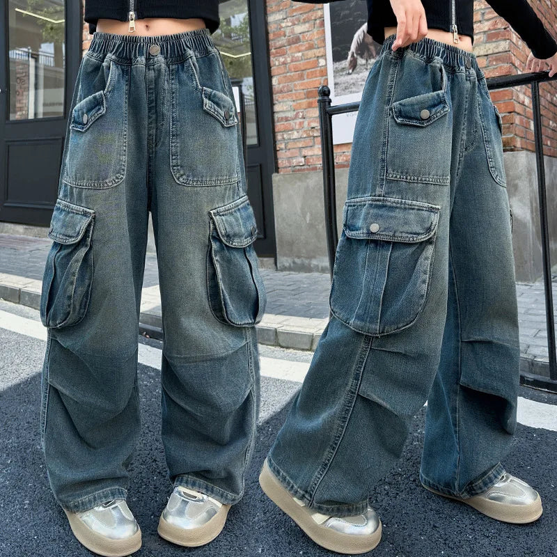 2025 Teenage Girls Jeans with Big Pocket Four Seasons High Waist Fashion Blue Cargo Denim Pants 2024 Hot Sale Wide Leg Trousers