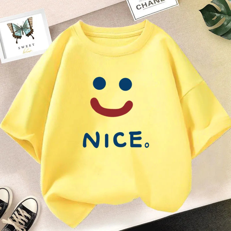 Happy Smile Design Girls Tshirt Kids Street Breathable Tops Personality Cotton Clothing Summer Cool Sports T-Shirts