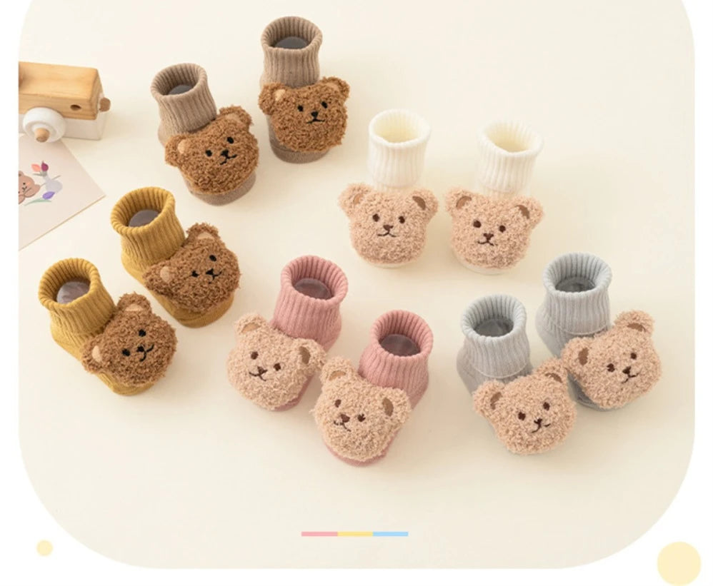 Cute Cartoon Bear Baby Socks for Boy Girl Winter Soft Cotton Anti Slip Soled Newborn Toddler Sock Kids Thicken Socken Warm Socks