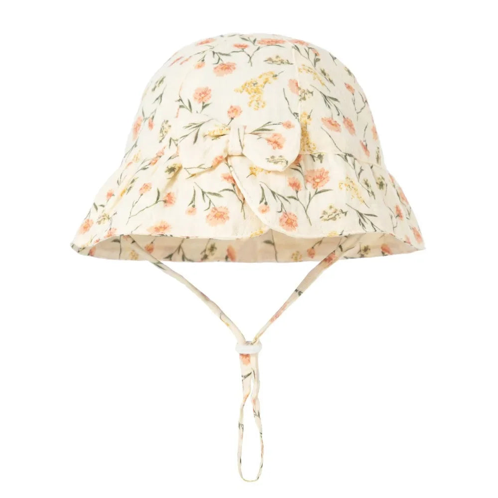 New Baby Cotton Bowknot Bucket Hat Children Sunscreen Outdoor Caps Boy Girl Print Panama Hat Unisex Beach Fishing Hat For 3-12M