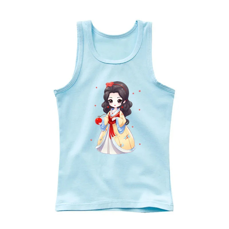 2024 Summer Girls Cute Cat Print  Vest Princess Girl Fashion Tank Top Kids Sleeveless T-shirt 3-14y