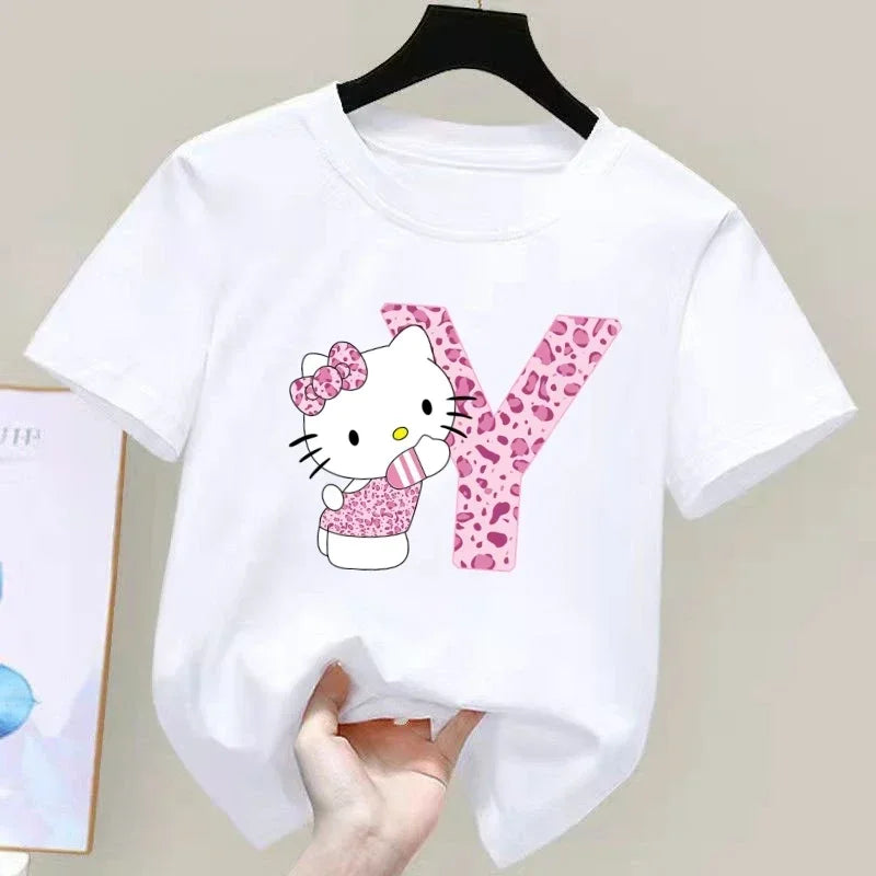 Hello Kitty Letter A-Z Children's Cotton Short-sleeved Top Sanrio Summer T-shirt Girly Heart Soft Clothes Kawaii Birthday Gift