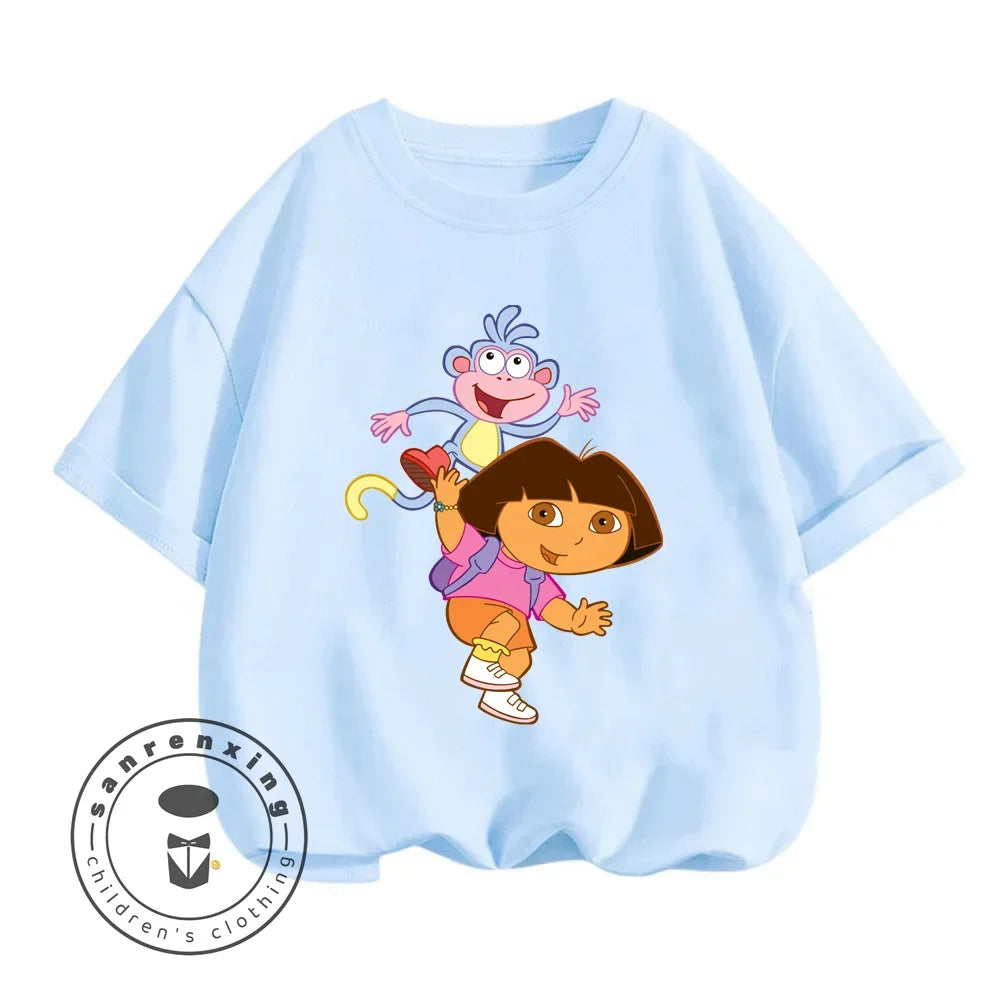 Fun Boys Girls Fashion T-shirt Dora Animated Cartoon Printed Kids T-shirt Hip Hop Boys Clothes White Short Sleeve Shirt Top