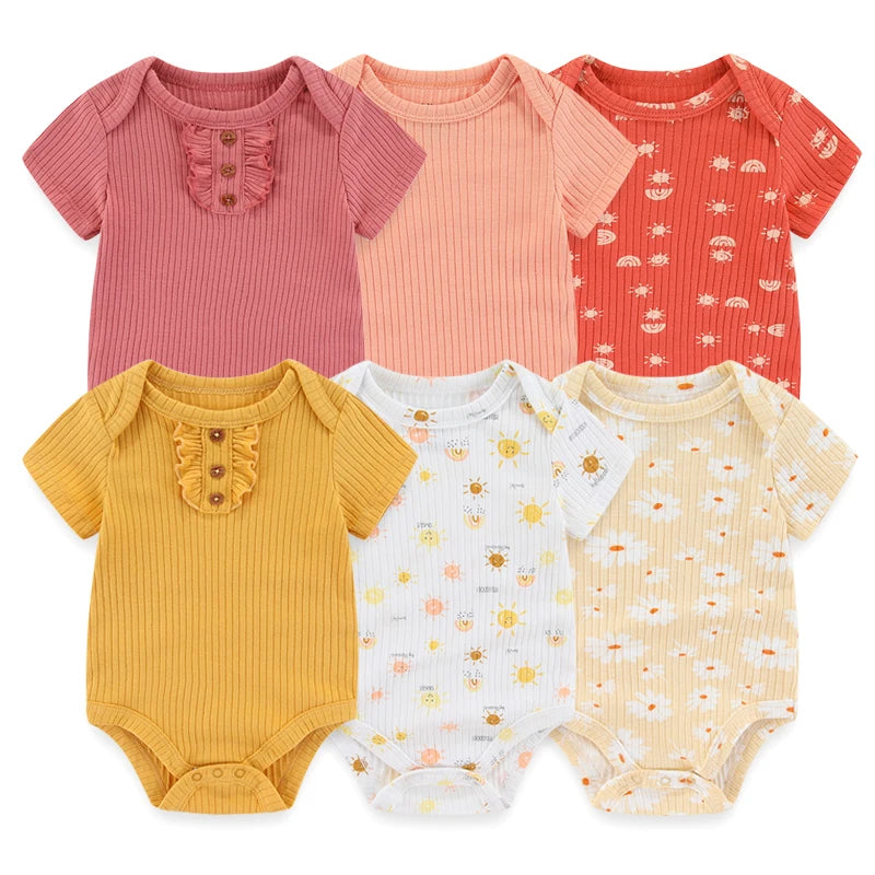 6Pieces Newborn Cotton Baby Boy Clothes Set Solid Color Sleeveless Baby Girl Clothes 0-12M Cartoon Print Bodysuits Summer Bebes