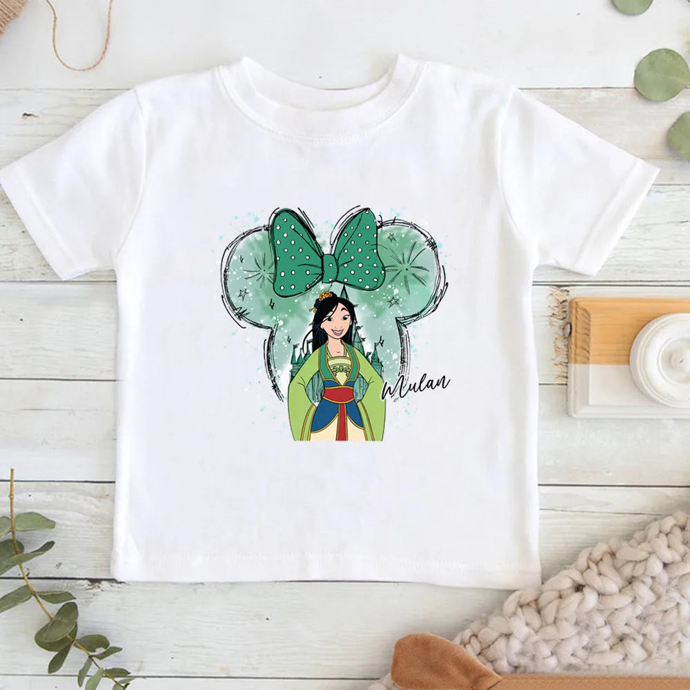 Cartoon Disney Princess Print T-shirts for Children Summer Cotton Short Sleeve Children Clothes Girl Tops