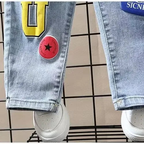 Children's Jeans Trousers Spring and Autumn Pants Boys' Stretch Pant 2023 New Boys' Baby Loose Print Feet Pants