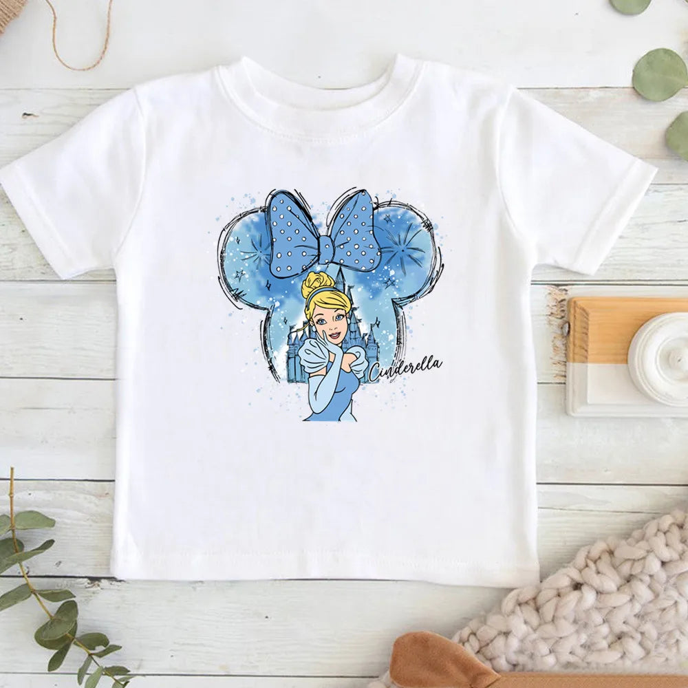 Cartoon Disney Princess Print T-shirts for Children Summer Cotton Short Sleeve Children Clothes Girl Tops