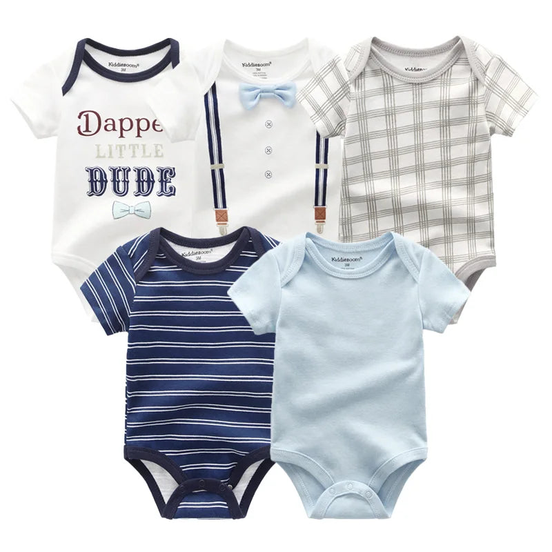 Unisex 5Pieces Newborn Bodysuits Cotton Baby Girl Clothes Set Summer Print Baby Boy Clothes Cartoon Sleeveless Solid Color Bebes